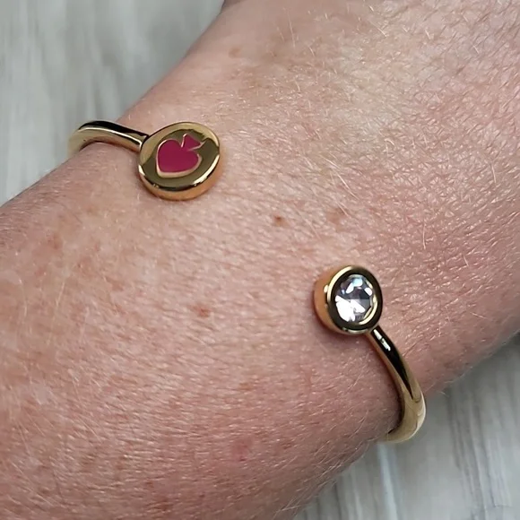 Kate Spade New York Gold Open Cuff Bracelet Pink & Clear Stone Hinged Bangle - Picture 3 of 6